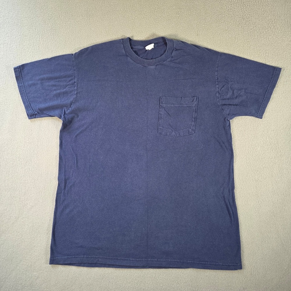 Vintage Blank T Shirt Mens Large Navy Pocket Distressed Made USA 90s Fruit Loom